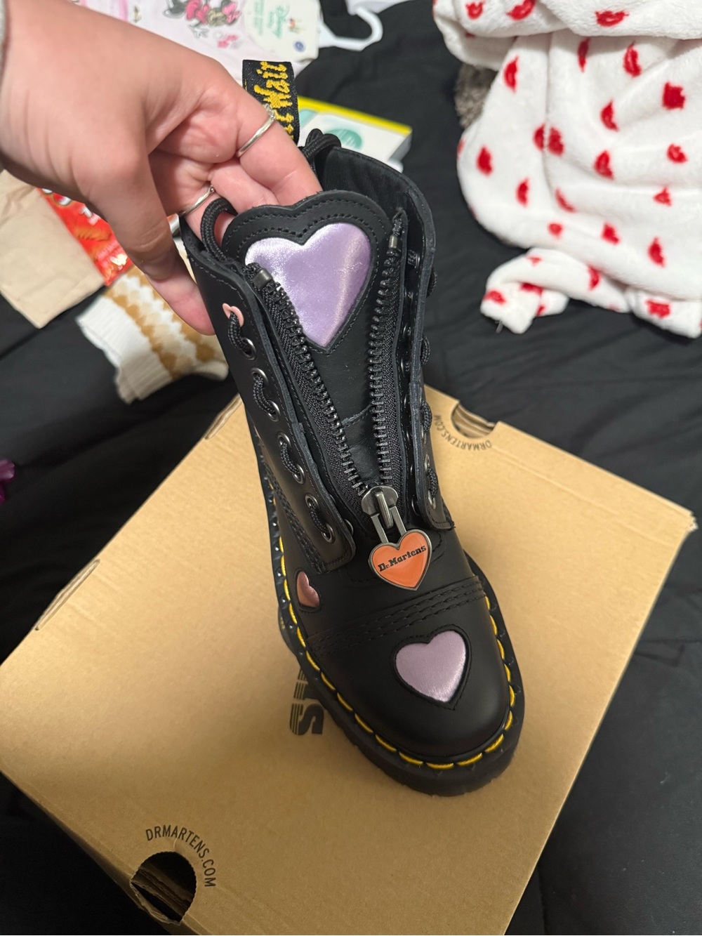 Dr. Martens Black Leather Boot with Purple and Pink Heart Accents size 6